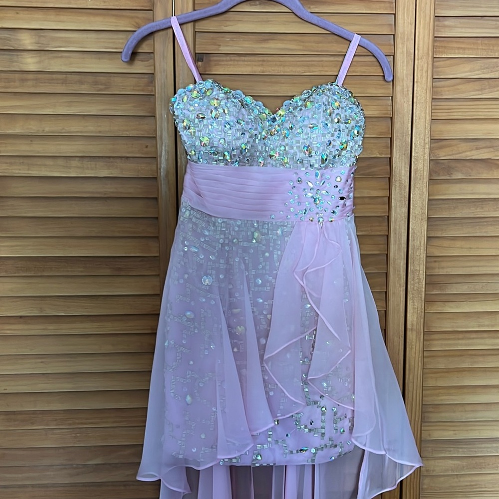 Pink crystal high low prom dress